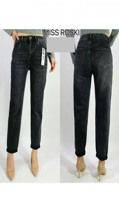 Blugi Dama, Mom Fit, Premium, Strasuri Fata, Negru