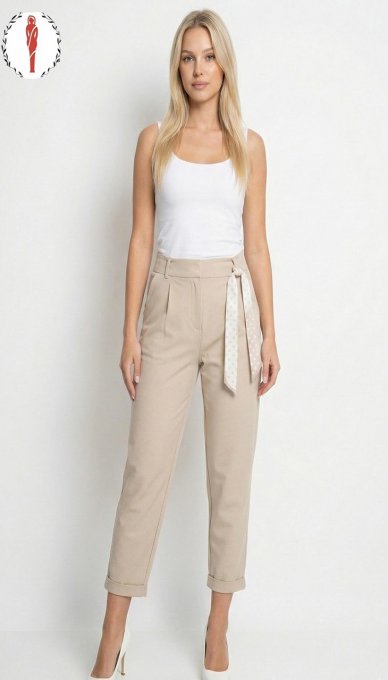 Pantaloni Dama, Conici, Esarfa, Buzunare, Bumbac, Bej 
