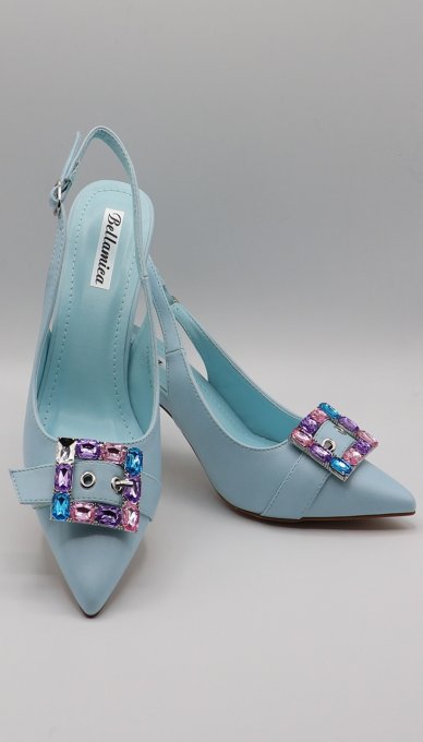 Pantofi Dama, Eleganti, Toc Gros, Bareta, Accesoriu Cristale Colorate, Albastru Pastel