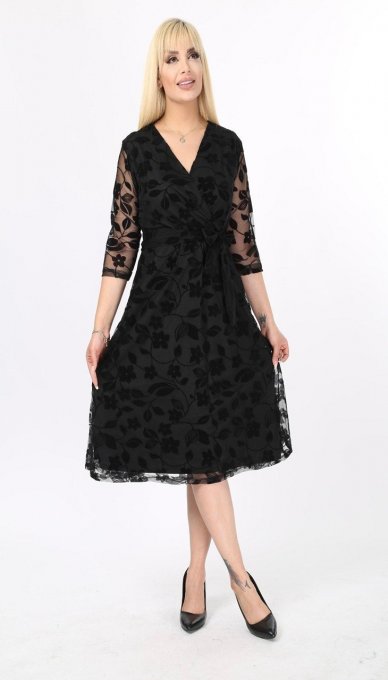 Rochie Dama, Imprimeu Catifelat, Cordon Talie, Negru