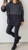 Hanorac Dama, Cu Gluga, Snur, Imprimeu Leopard, Negru/Gri
