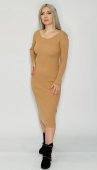 Rochie Dama, Lunga, Tricot Fin, Model Spate, Bej